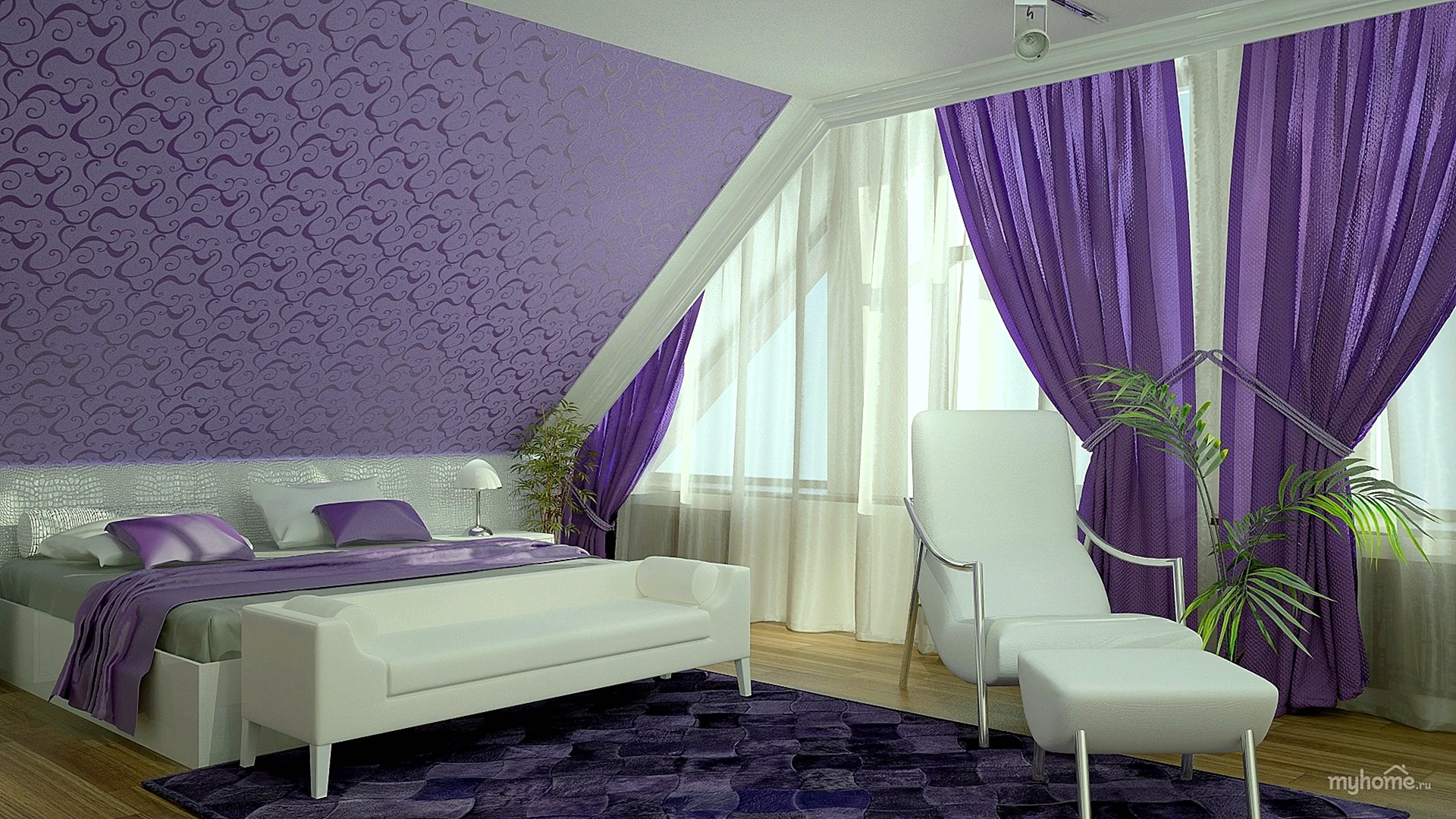 Спальня на мансарде в фиолетовых тонах