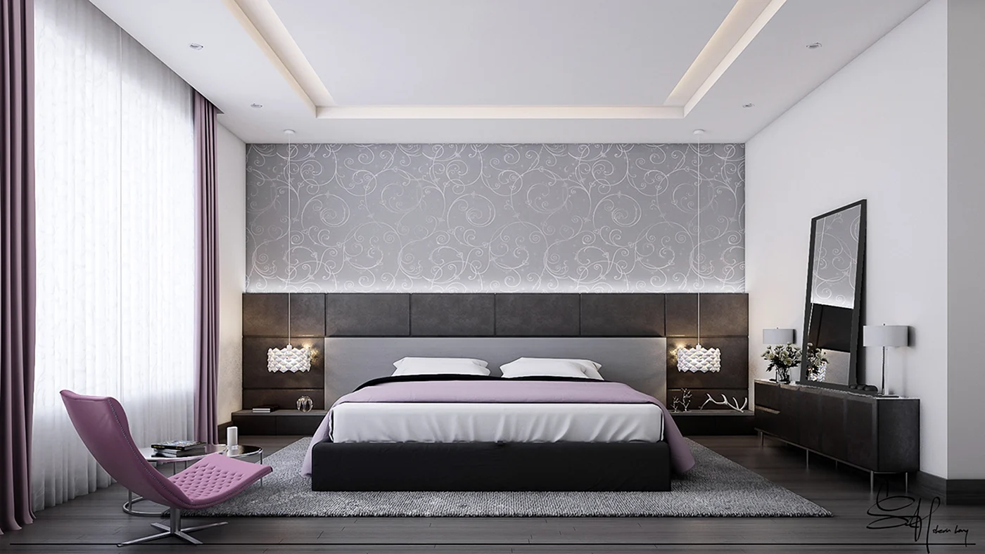 Спальня в современном стиле серый фиолетовый