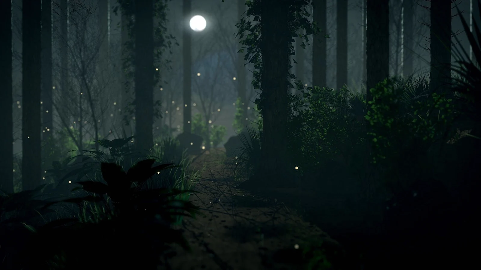 Темный лес со светлячками