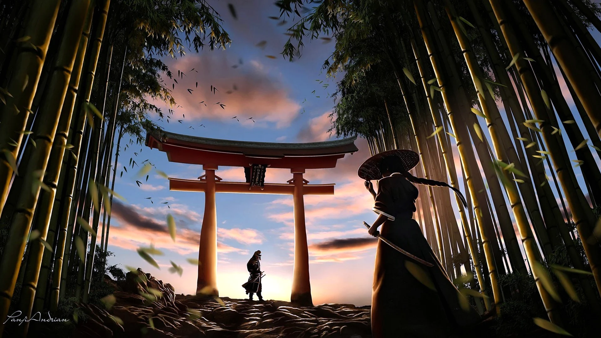 Тории ворота Япония бамбуковый лес арт