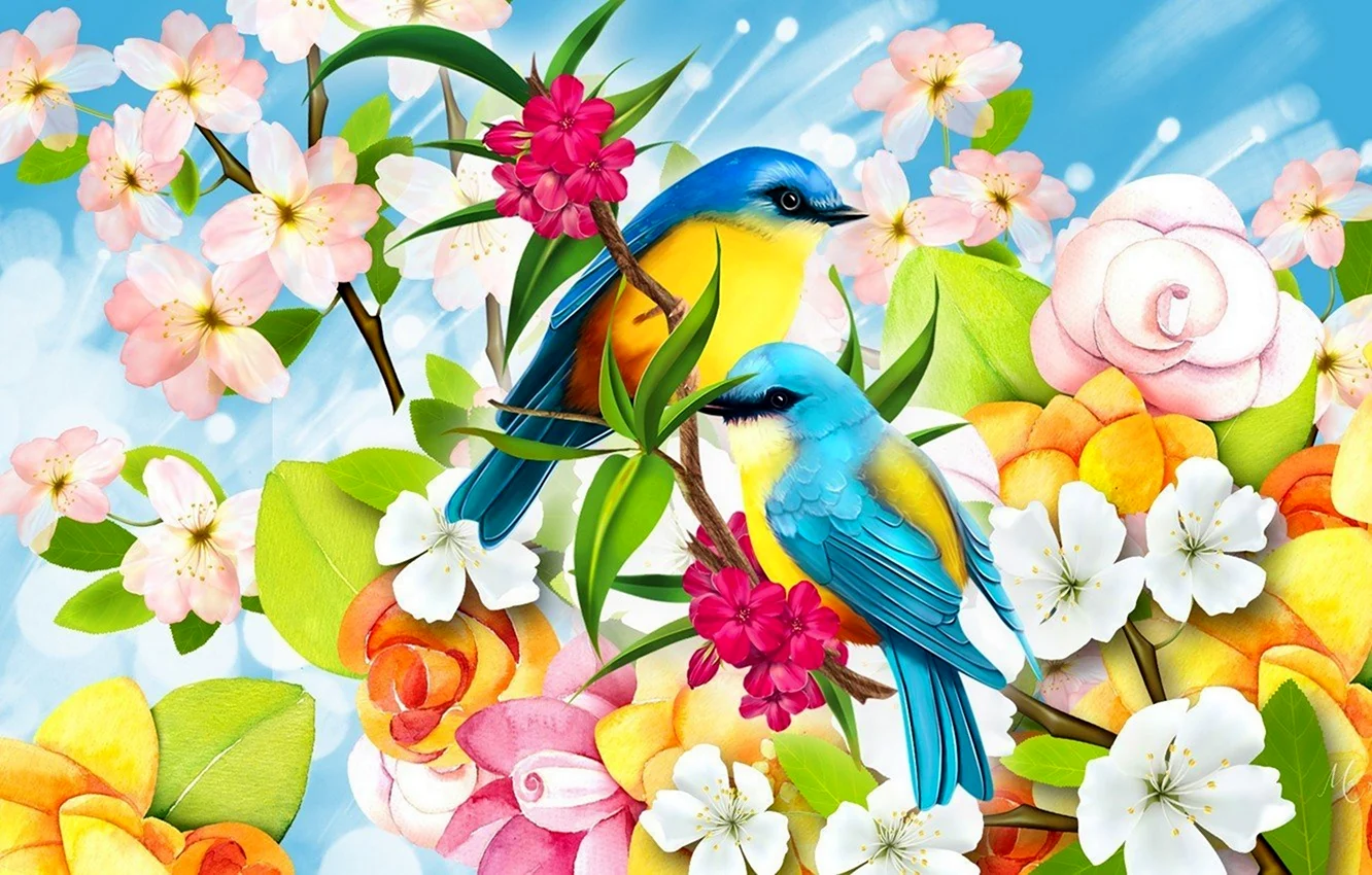 Весенние цветы и птицы