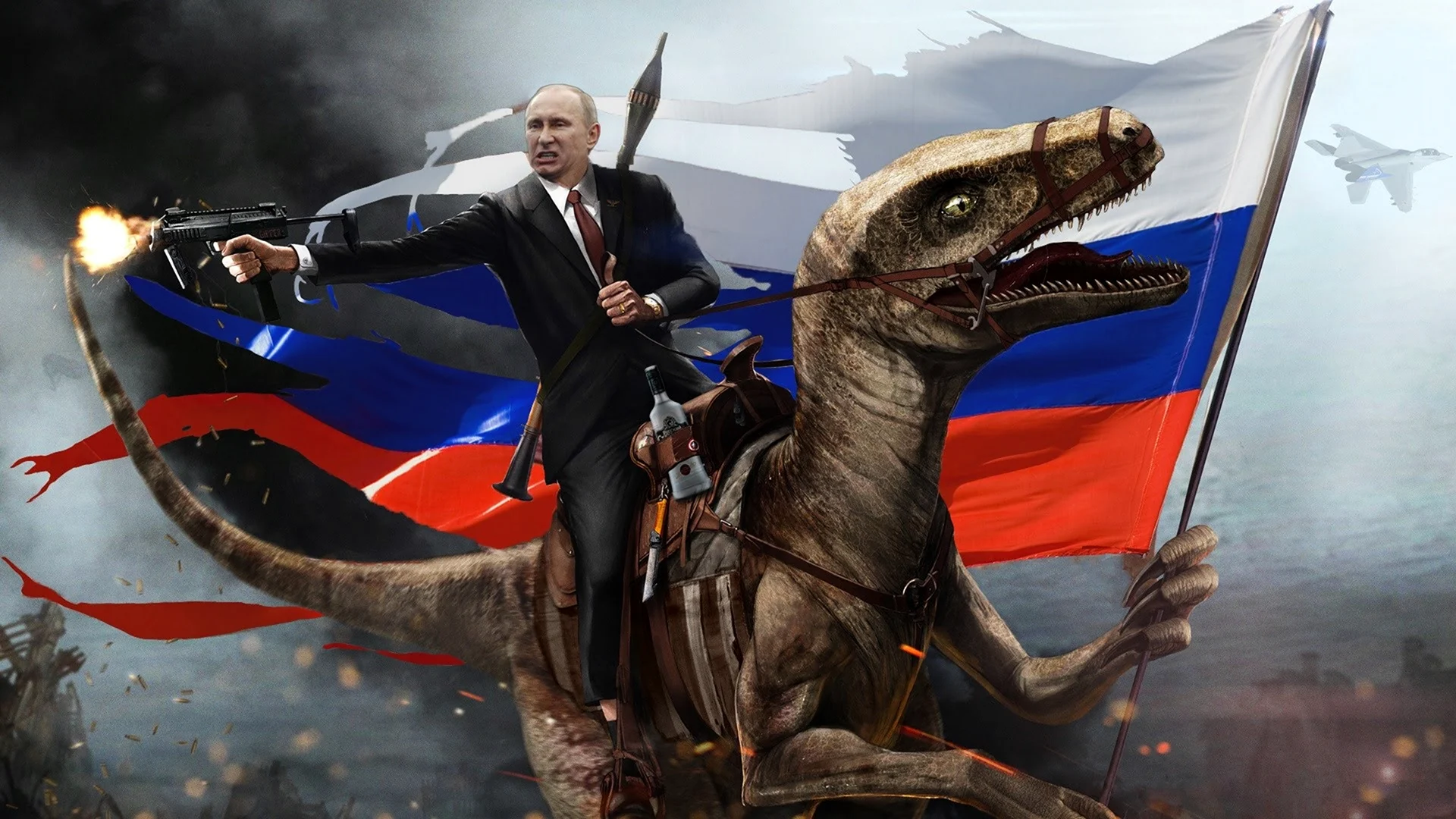 Владимир Путин на динозавре