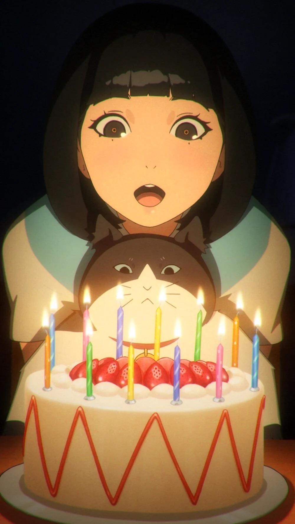 Задувает свечи на торте аниме