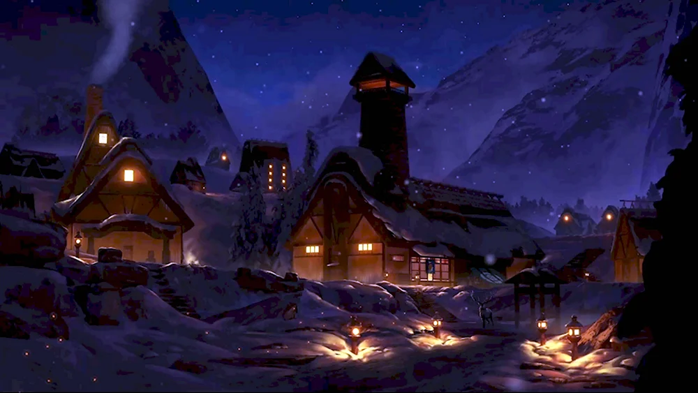 Зимняя ночь в деревне арт