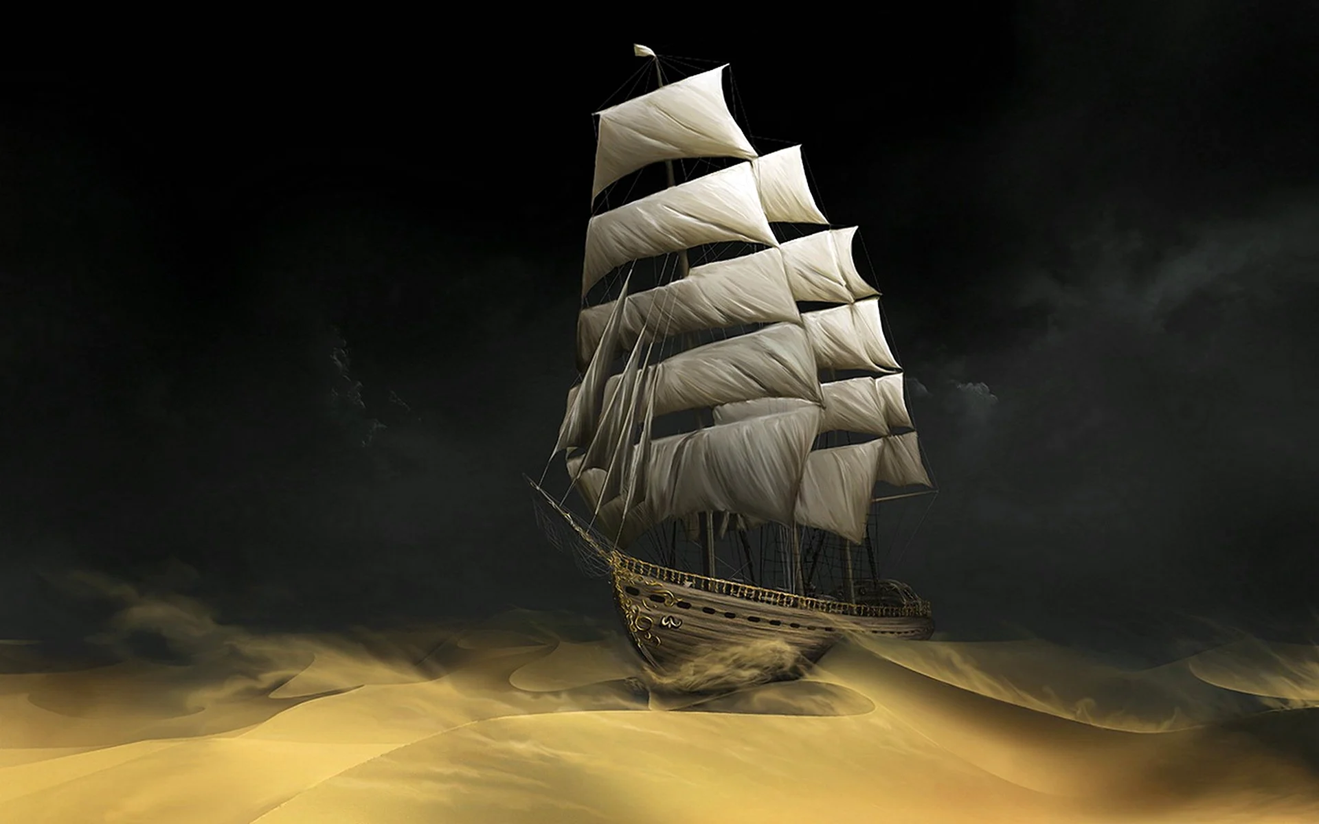 Золотой корабль на черном фоне